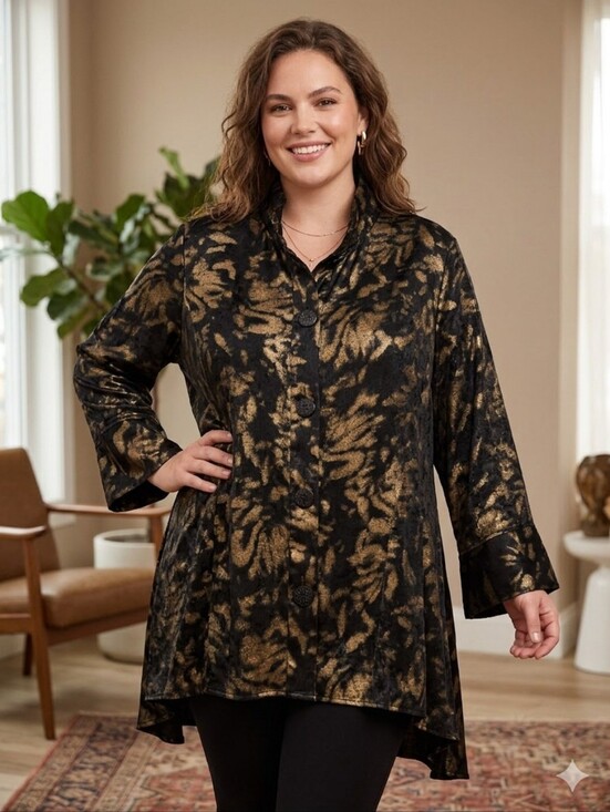 Ali Miles Tops - Ali Miles Shimmer Woven, Multi Print Wire Collar 3/4 Bell Sleeve Button Tunic